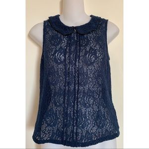 Princess Vera Wang | Juniors Navy Sheer Collared Floral Lace Tank Top Size Small